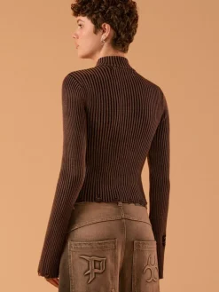Sweter slim fit w prążki PREMIÈRE brązowo-bordowy