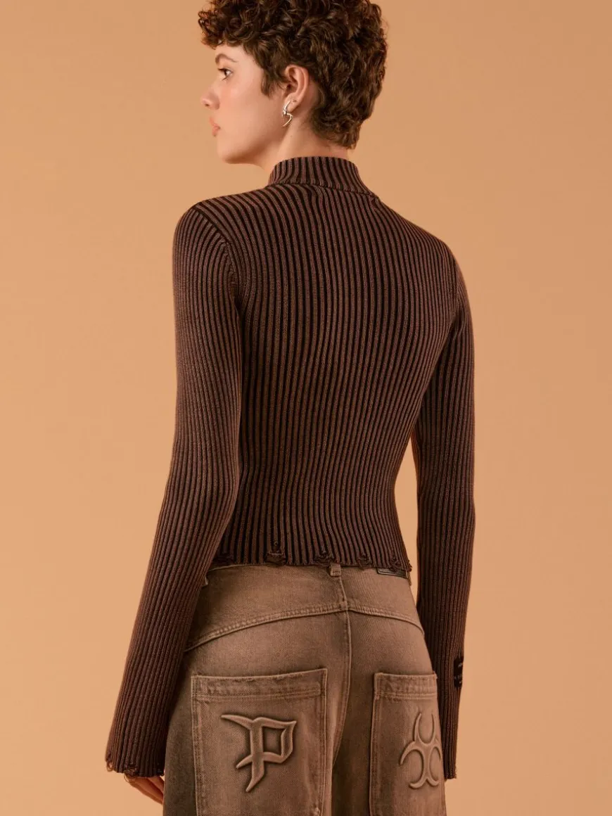 Sweter slim fit w prążki PREMIÈRE brązowo-bordowy