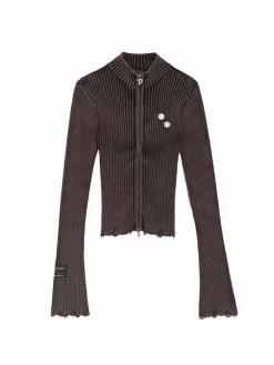 Sweter slim fit w prążki PREMIÈRE brązowo-bordowy