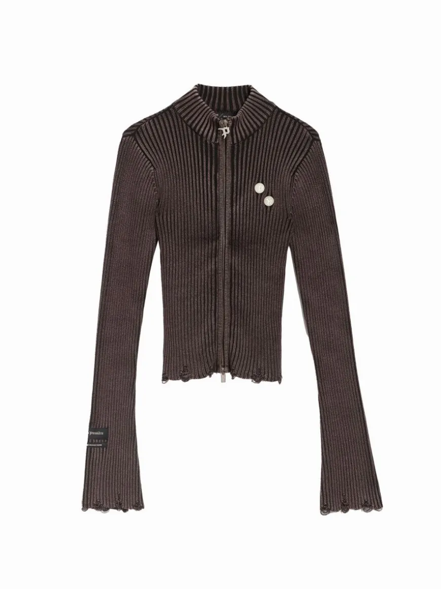 Sweter slim fit w prążki PREMIÈRE brązowo-bordowy