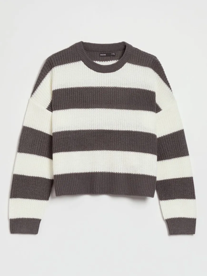 Sweter w czarno-białe paski z okrągłym dekoltem