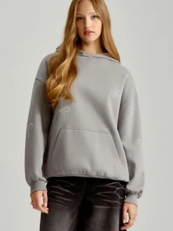 Szara bluza loose fit z kapturem i motywem kokardek