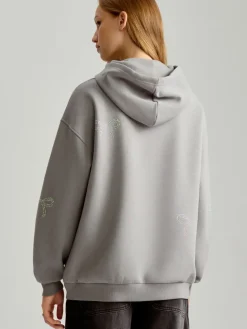 Szara bluza loose fit z kapturem i motywem kokardek