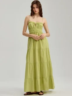 Zielona sukienka maxi fit&flare z kieszeniami i falbanami