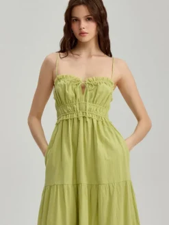 Zielona sukienka maxi fit&flare z kieszeniami i falbanami