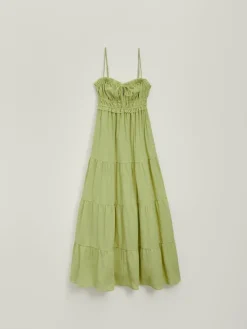 Zielona sukienka maxi fit&flare z kieszeniami i falbanami