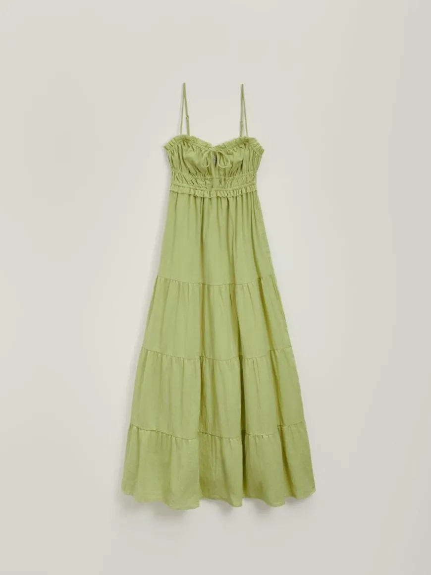 Zielona sukienka maxi fit&flare z kieszeniami i falbanami